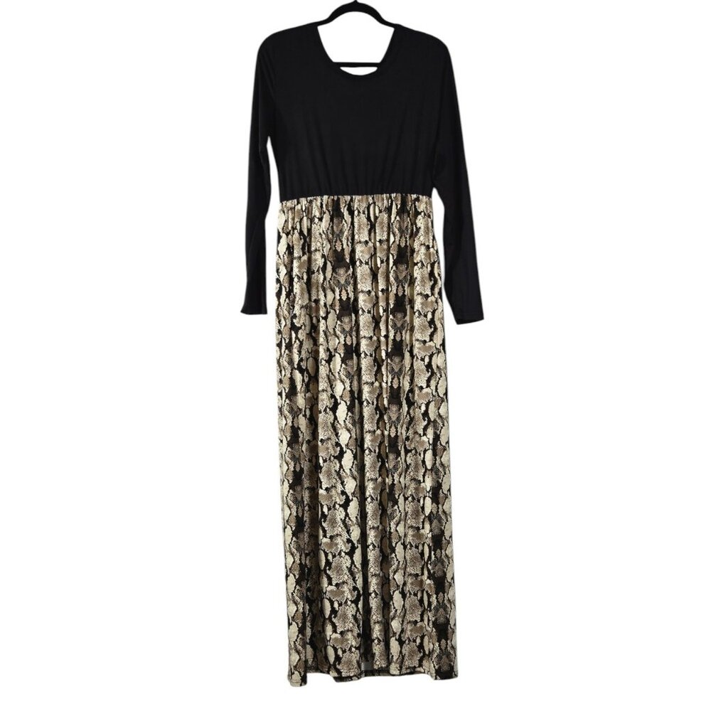 Women's Size Medium Dress Maxi Long Sleeve Snake Skin Pattern Black Cream Tan